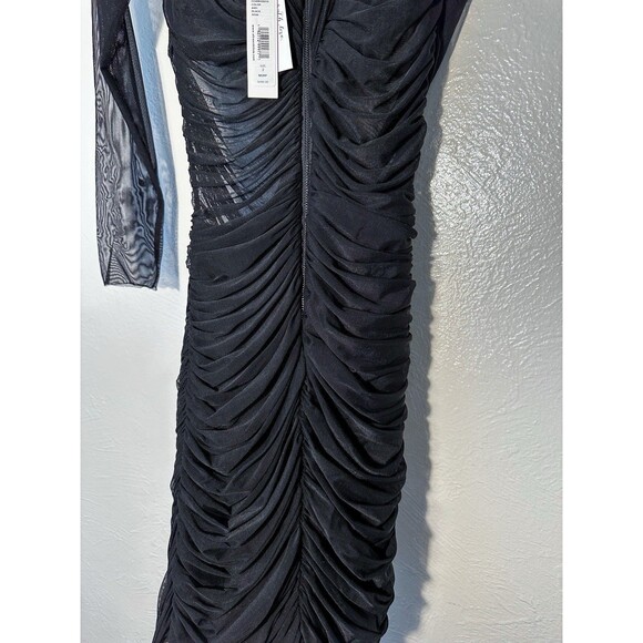 Alice & Olivia Black Mesh Midi Dress Women’s Size 2 Ruched Body-con Off Shoulder - Picture 6 of 9